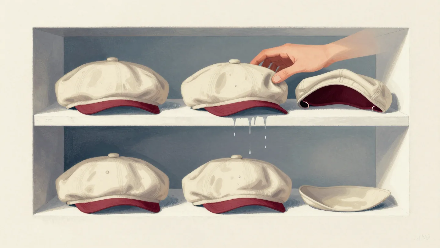 A hand stacking four identical flat caps, crumpled, inside out, wet and flattened, on a lost-property shelf
