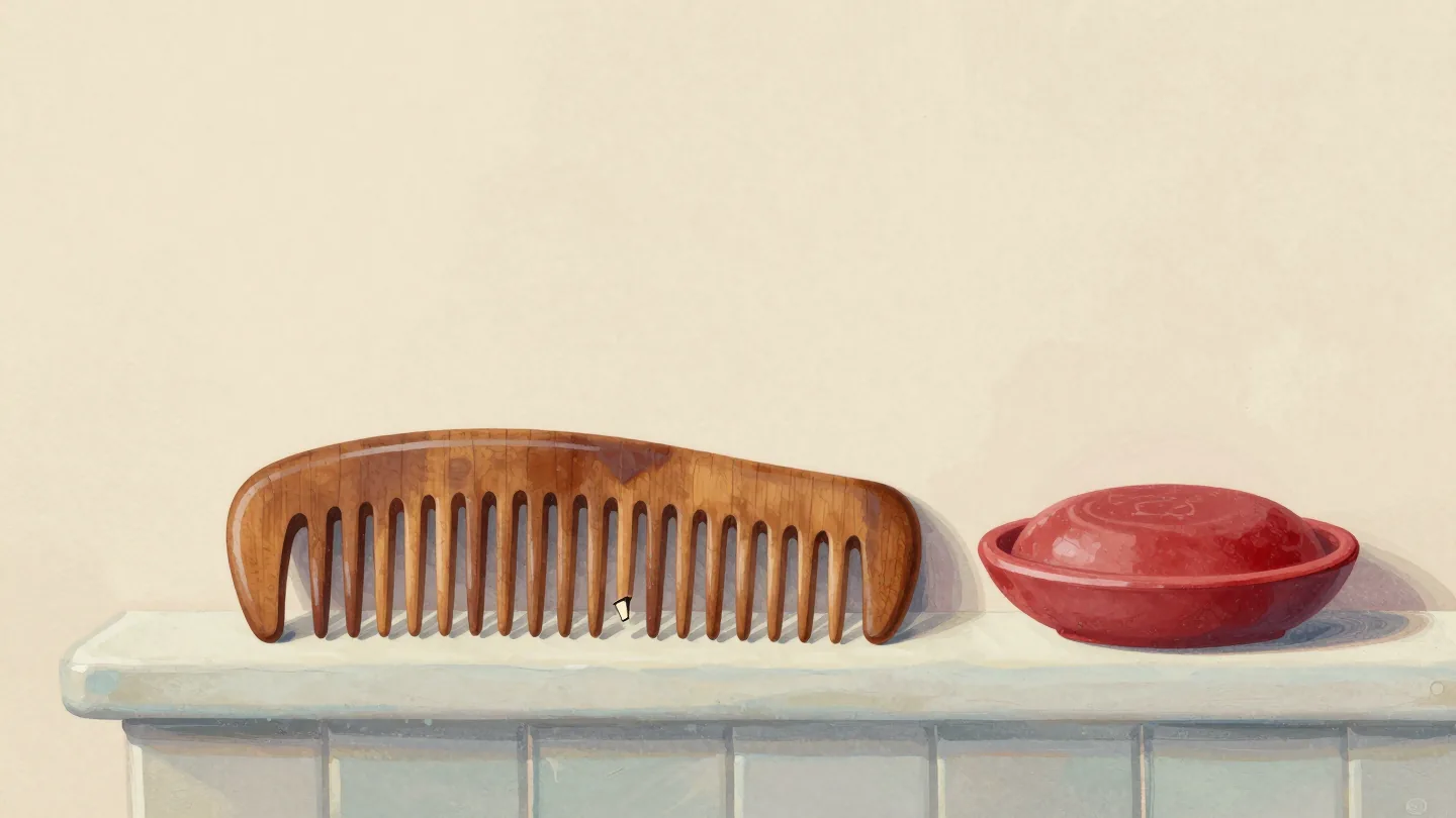 An old wooden comb on a bathroom shelf with gaps where some of its teeth have broken off.