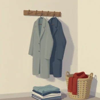 Gouache painting: a small wooden coat rack in a hallway with every peg full and a stack of folded coats leaning against the wall, one last coat in a basket with nowhere to hang; one vermilion scarf on the basket coat