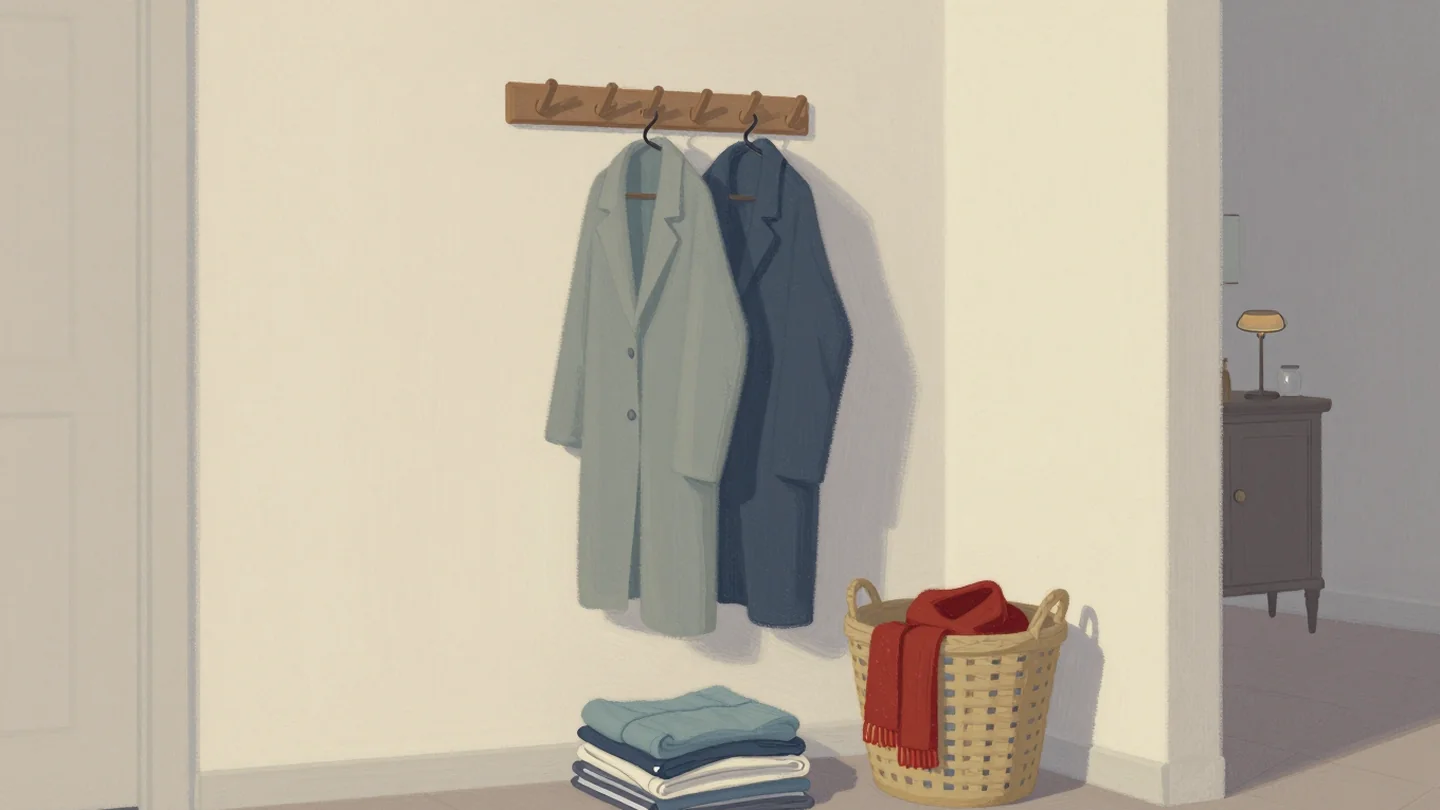 Gouache painting: a small wooden coat rack in a hallway with every peg full and a stack of folded coats leaning against the wall, one last coat in a basket with nowhere to hang; one vermilion scarf on the basket coat