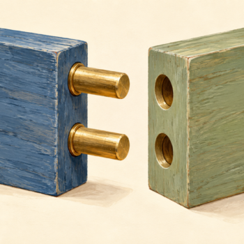 Two brass pegs align with two matching sockets in one joint