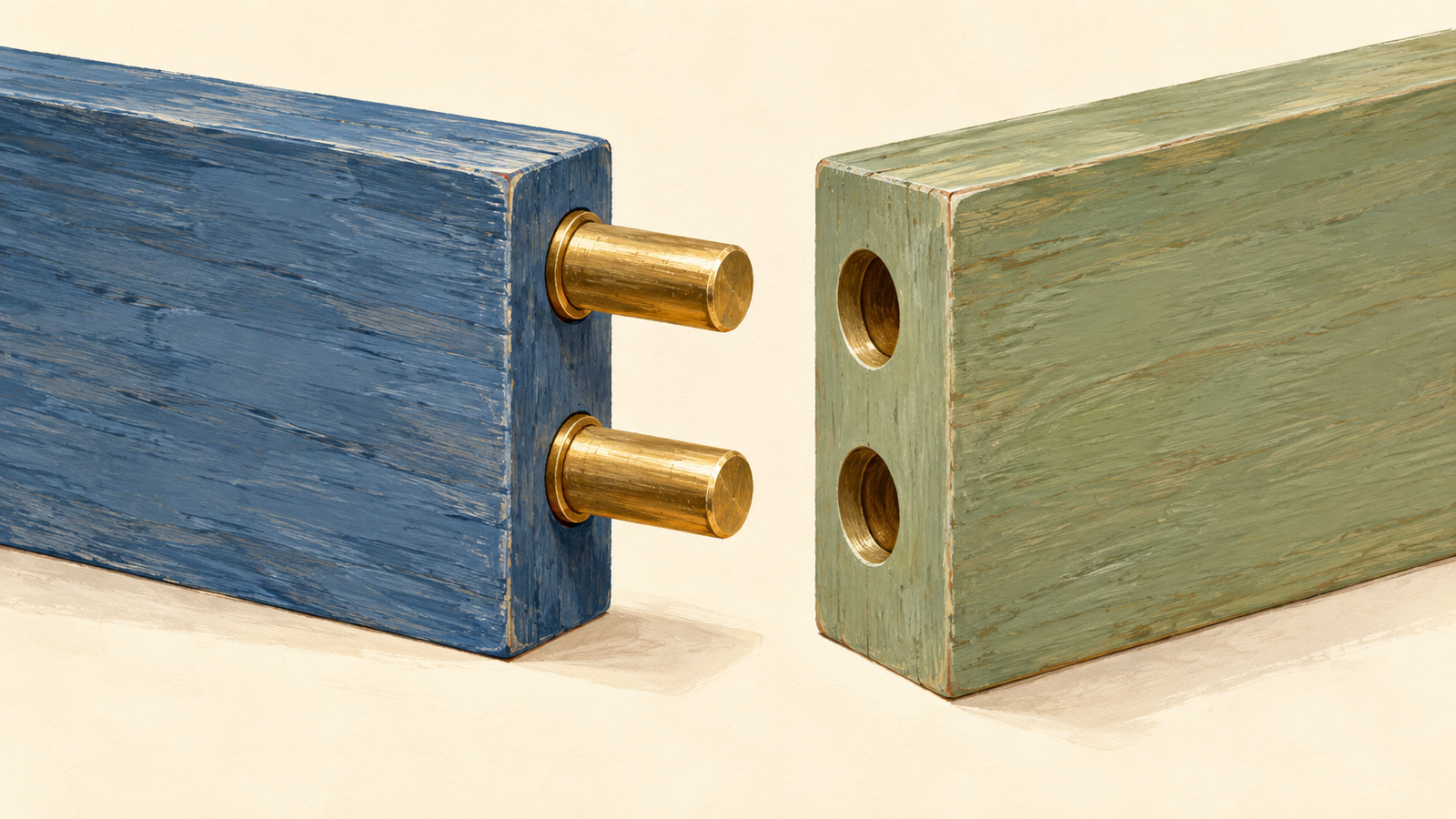 Two brass pegs align with two matching sockets in one joint
