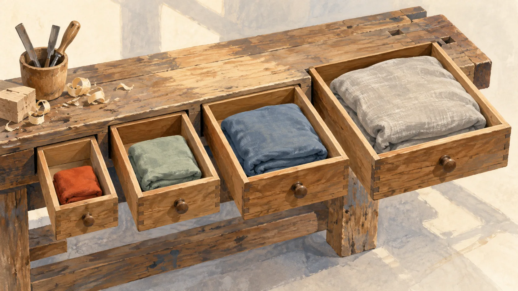 Wooden drawers hold bundles of different sizes, illustrating variable row sizes