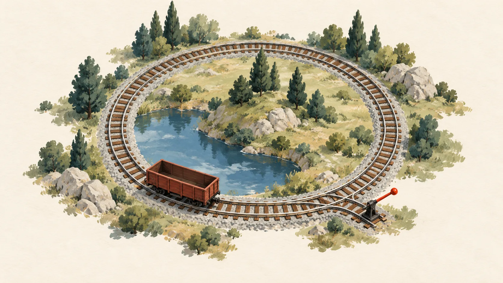 One wagon follows a circular track with a switch, illustrating row-by-row work