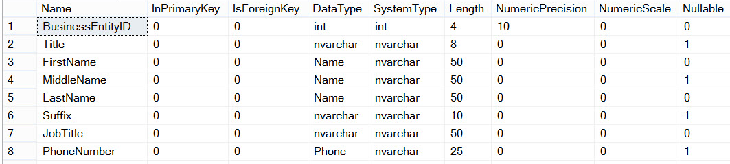 Original view-column result shows declared Name and Phone aliases beside their underlying nvarchar type