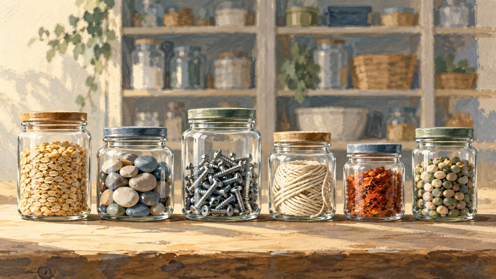 Different materials sorted into clear jars