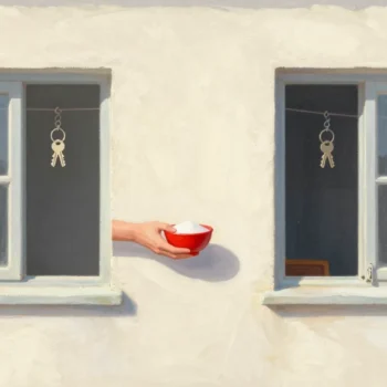 A hand passing a small red bowl of sugar between two facing kitchen windows, house keys left on a hook.