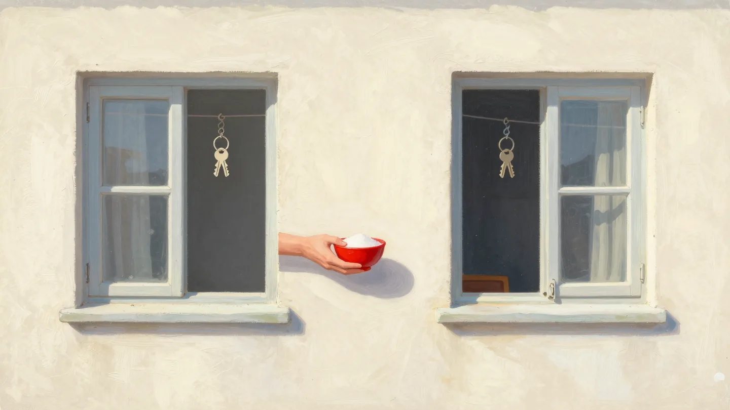 A hand passing a small red bowl of sugar between two facing kitchen windows, house keys left on a hook.