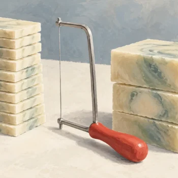 Soap slicing wire beside many thin bars and a few thick bars
