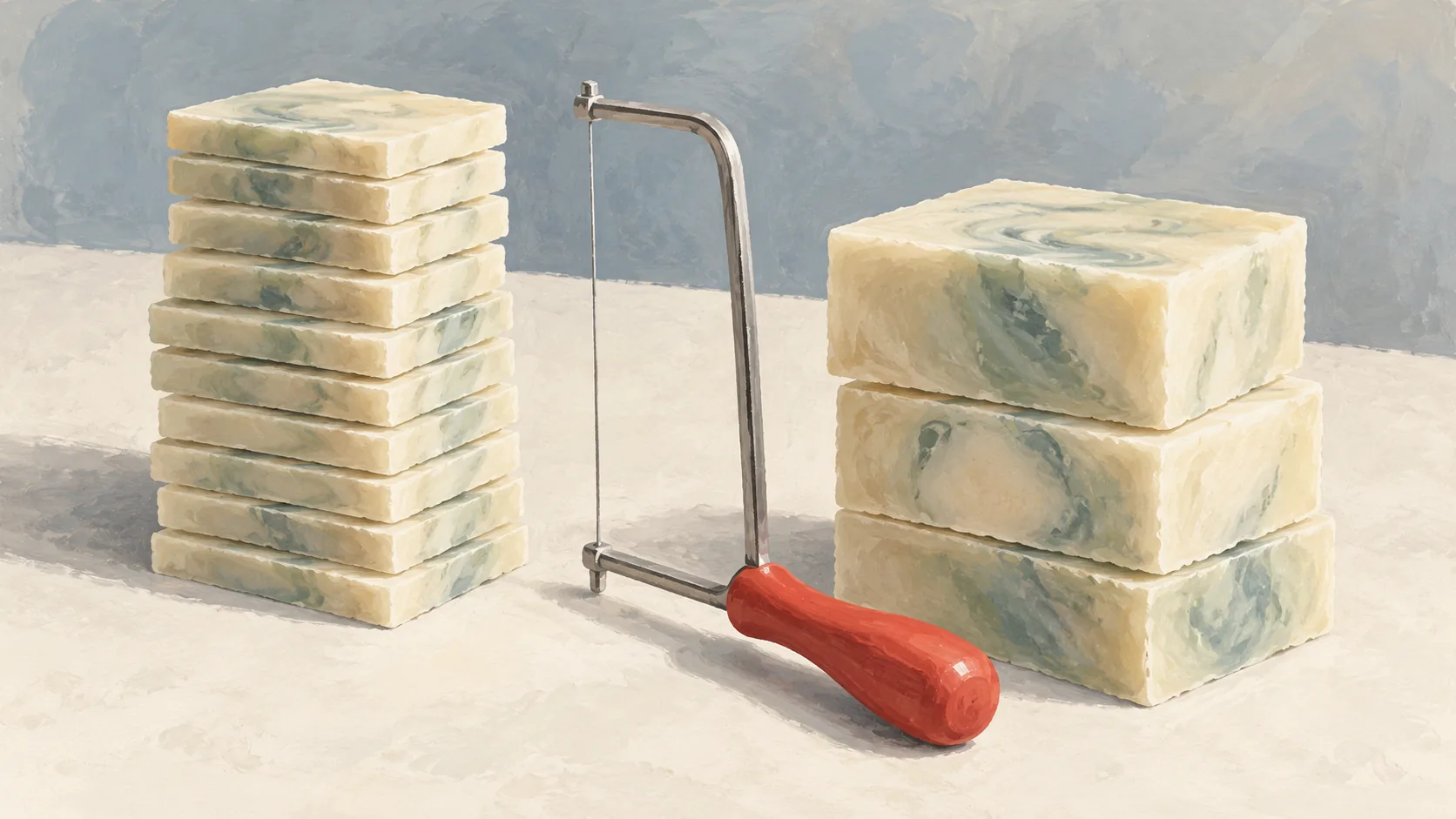 Soap slicing wire beside many thin bars and a few thick bars