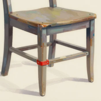 An old chair with one new leg being glued in, held by a red clamp