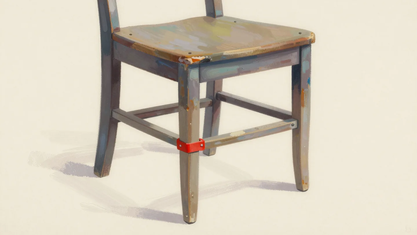 An old chair with one new leg being glued in, held by a red clamp