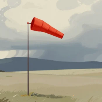 A red windsock stretched straight in a strong wind as a dark storm builds over sunny hills