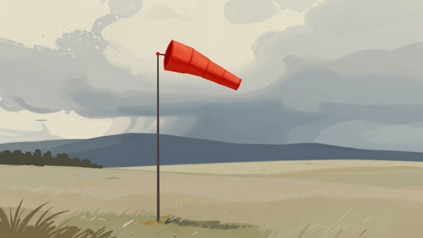 A red windsock stretched straight in a strong wind as a dark storm builds over sunny hills