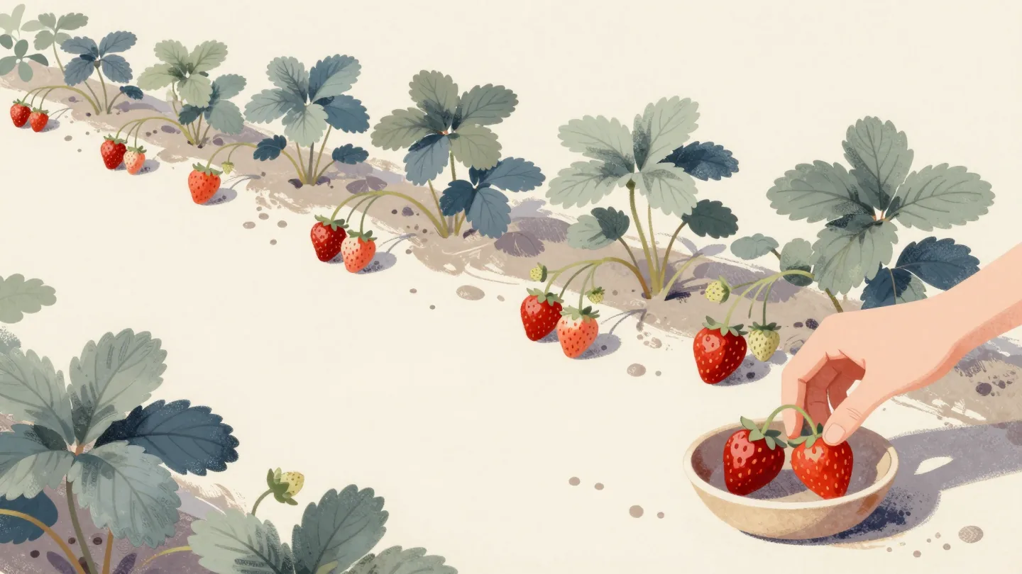 A hand picking the three ripest red strawberries from each plant along a garden row