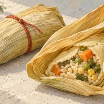 Folded and partly opened corn-husk parcels keep rice and vegetables together inside their wrappers