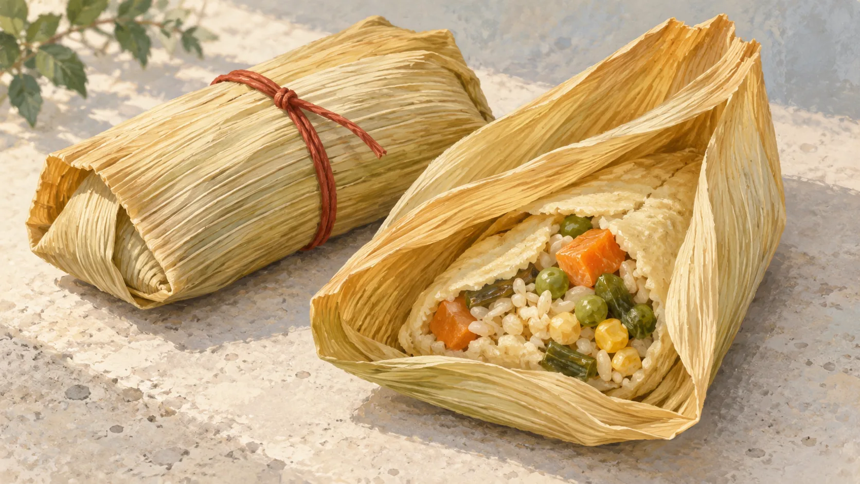 Folded and partly opened corn-husk parcels keep rice and vegetables together inside their wrappers