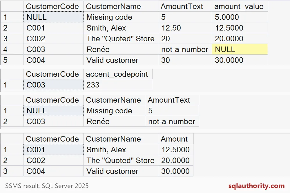 Five parsed CSV rows, accent codepoint 233, two rejected rows and three accepted rows