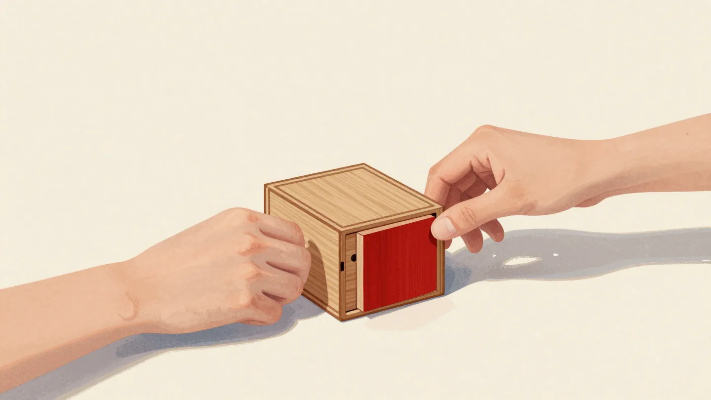 Two hands turning a wooden puzzle box, one red panel just starting to slide