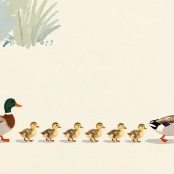Three lines of ducklings crossing a garden path, each line led by a taller mother duck