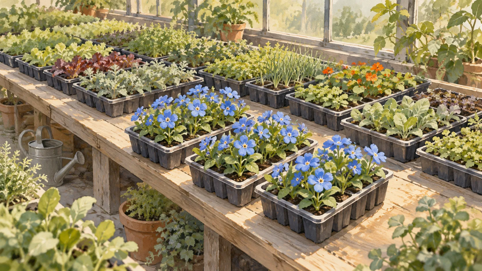 Blue flower trays selected from many greenhouse trays