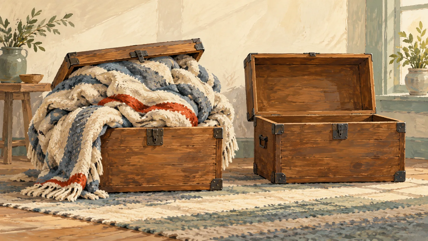 A full storage chest beside an empty chest