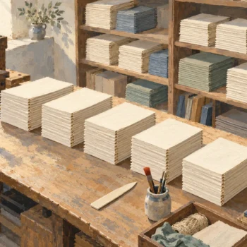 A bookbinding press beside many ordered stacks awaiting work