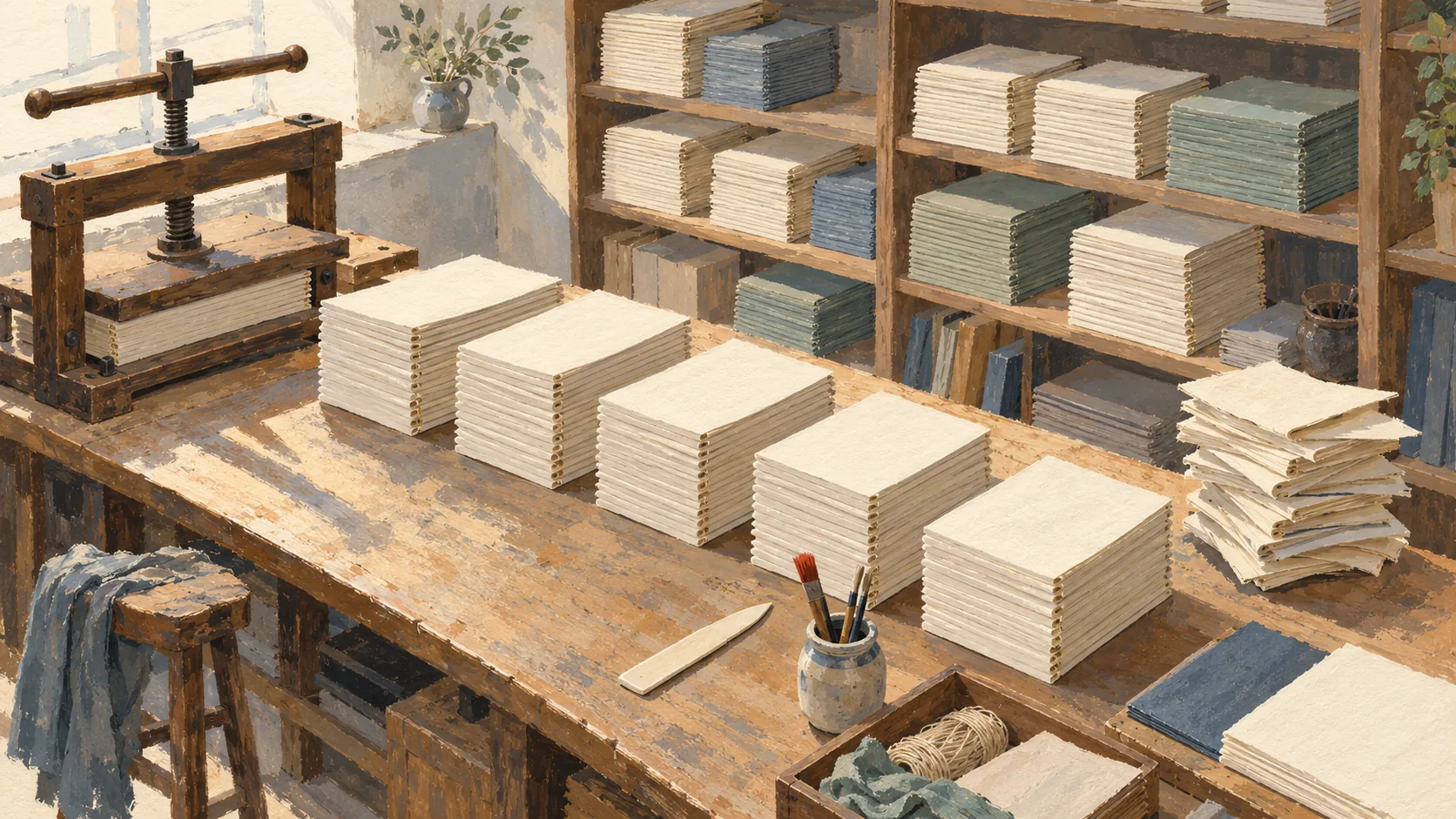 A bookbinding press beside many ordered stacks awaiting work