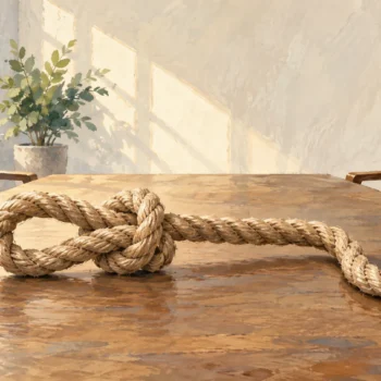 An unfinished rope-knot challenge sits between two empty interview chairs