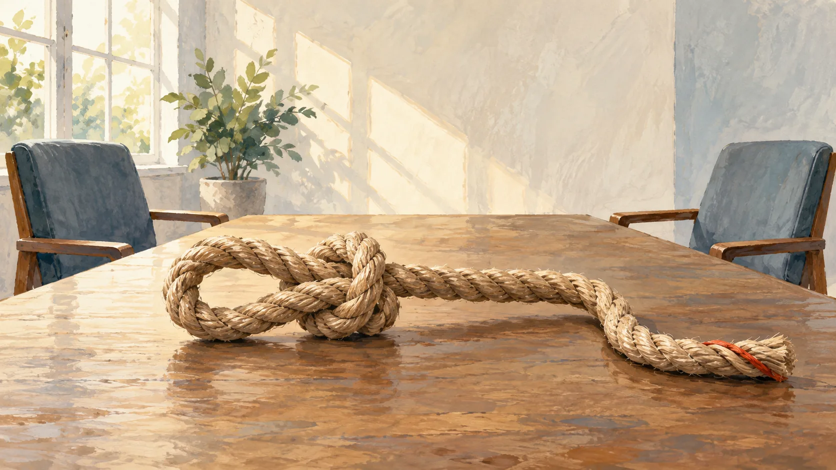 An unfinished rope-knot challenge sits between two empty interview chairs