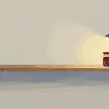 Gouache painting: a long narrow wooden shelf extension built onto a small full pantry cabinet that is too large for the room, one jar with a vermilion lid
