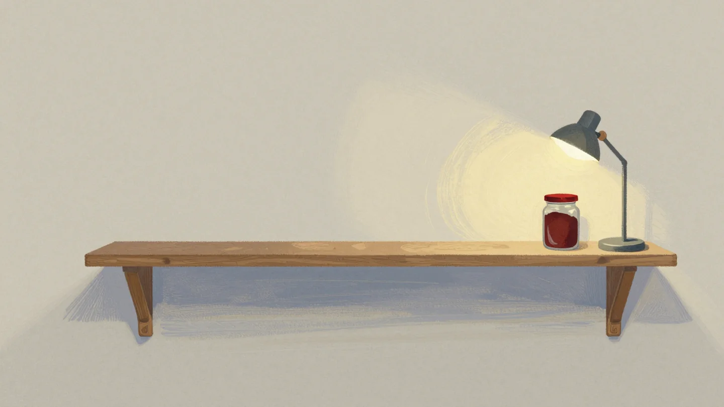Gouache painting: a long narrow wooden shelf extension built onto a small full pantry cabinet that is too large for the room, one jar with a vermilion lid