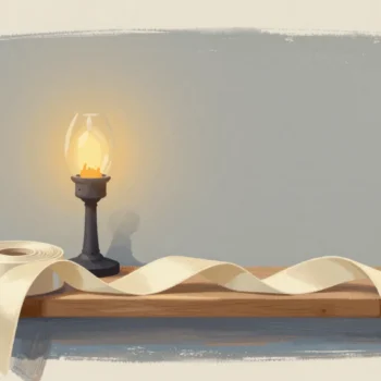 Gouache painting: a plain cream ribbon unrolled along a short wooden shelf, the ribbon stopping at the shelf edge where one vermilion pin marks the last spot