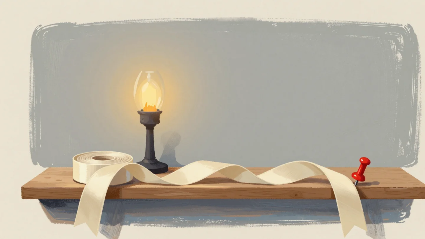 Gouache painting: a plain cream ribbon unrolled along a short wooden shelf, the ribbon stopping at the shelf edge where one vermilion pin marks the last spot