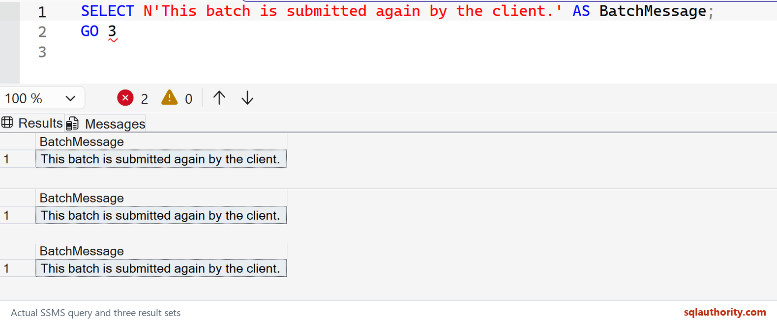 Real SSMS query with GO 3 and three result sets from repeating the same batch
