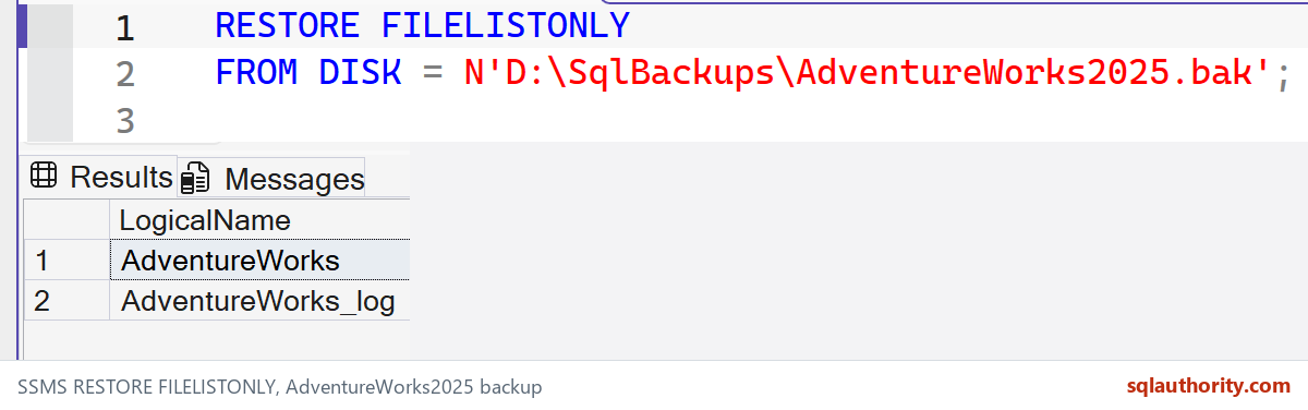 Real SSMS FILELISTONLY result showing AdventureWorks and AdventureWorks_log logical file names