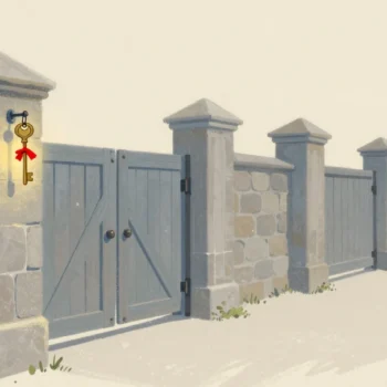 Gouache painting: one brass key hanging on a post beside a long row of identical wooden garden gates in a stone wall, every gate ajar, a small vermilion ribbon tied to the key