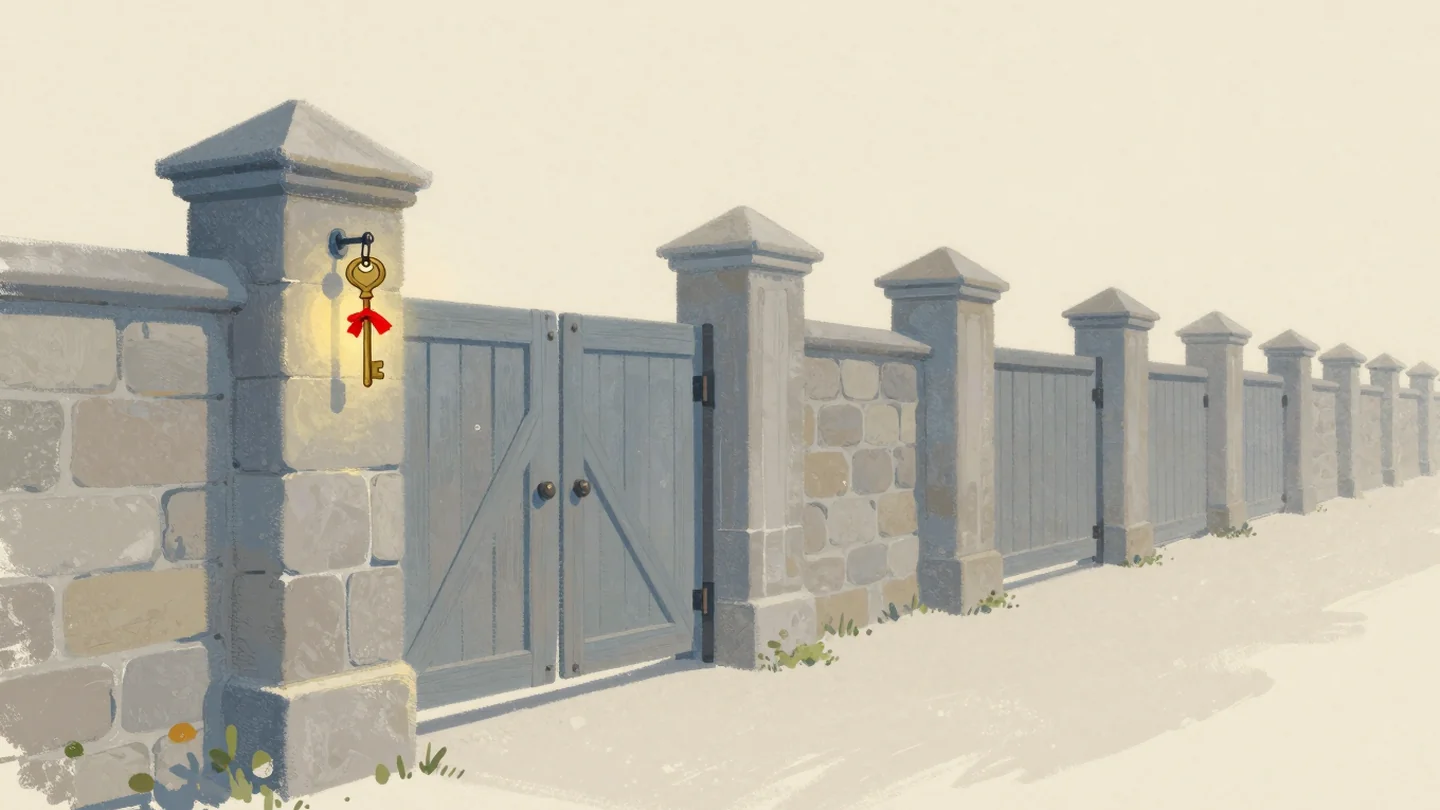 Gouache painting: one brass key hanging on a post beside a long row of identical wooden garden gates in a stone wall, every gate ajar, a small vermilion ribbon tied to the key