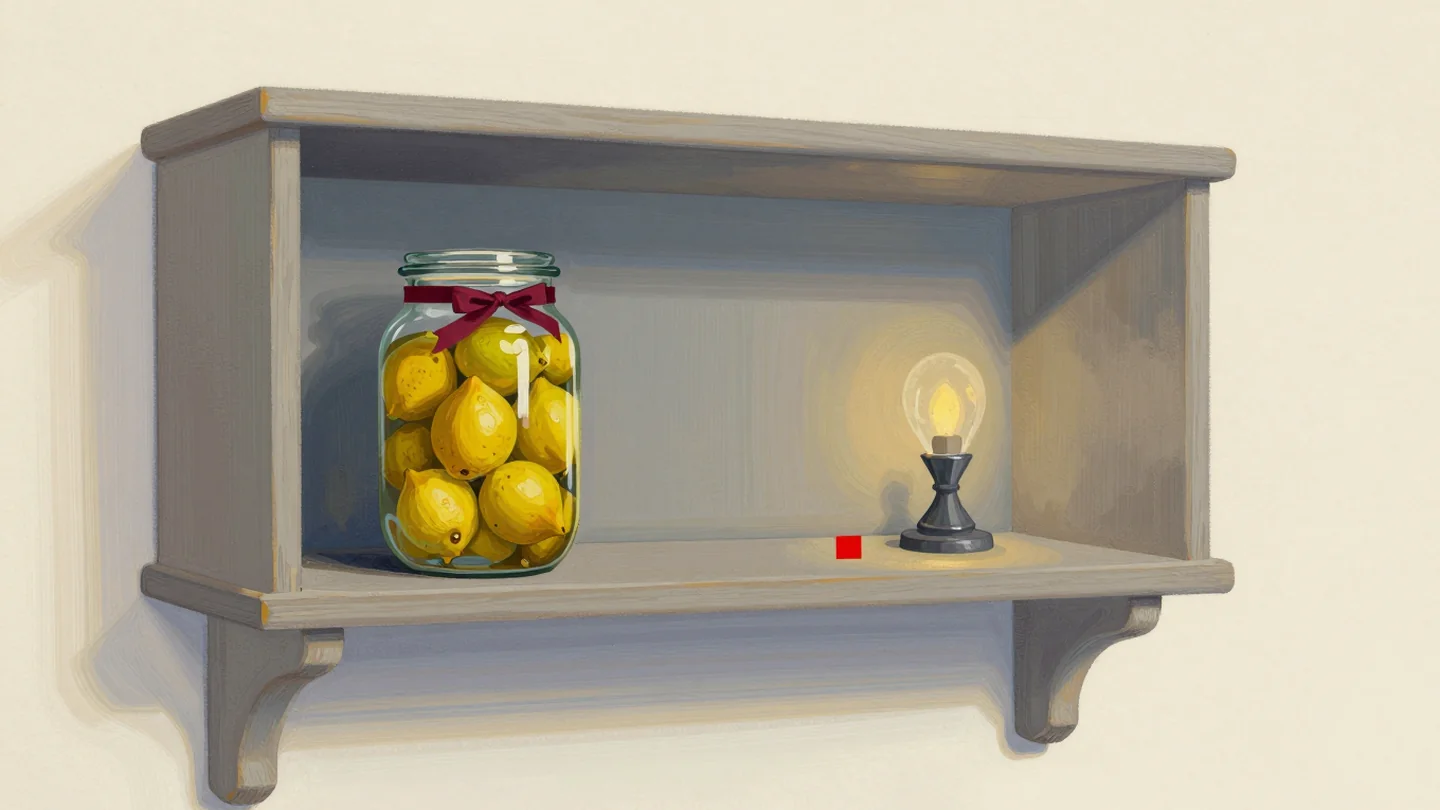 Gouache painting: a small wooden pantry shelf with a second overflow shelf beside it, but a single glass jar of preserved lemons sits apart in its own sealed cabinet with a vermilion ribbon