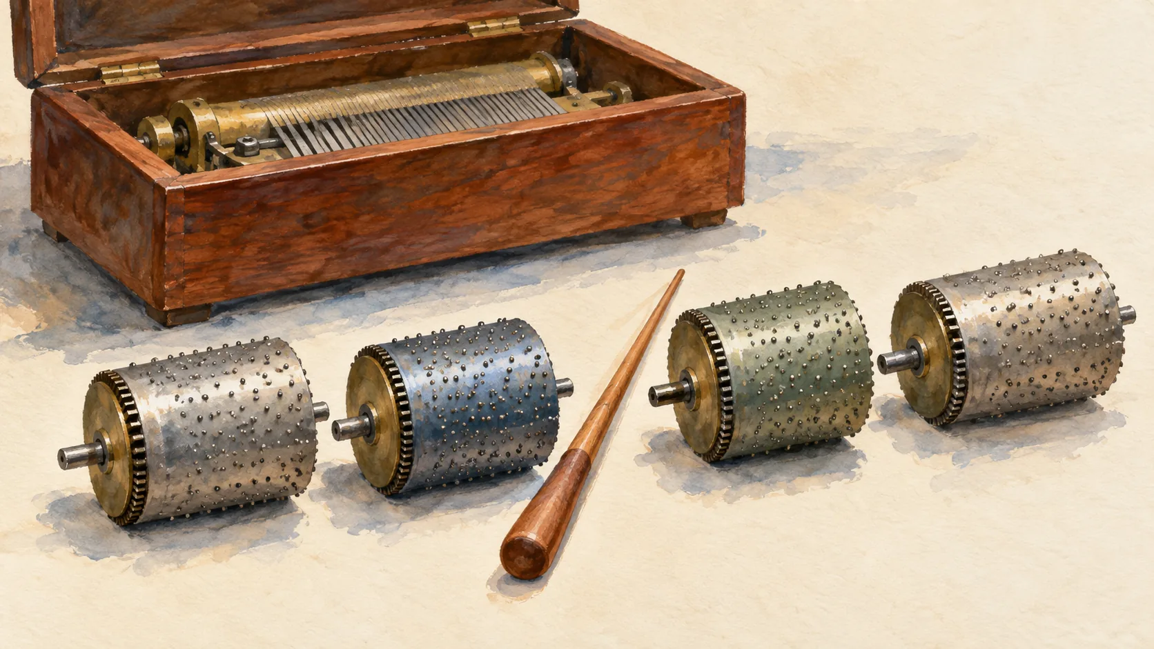 A music-box mechanism with separate cylinders for repeated passages