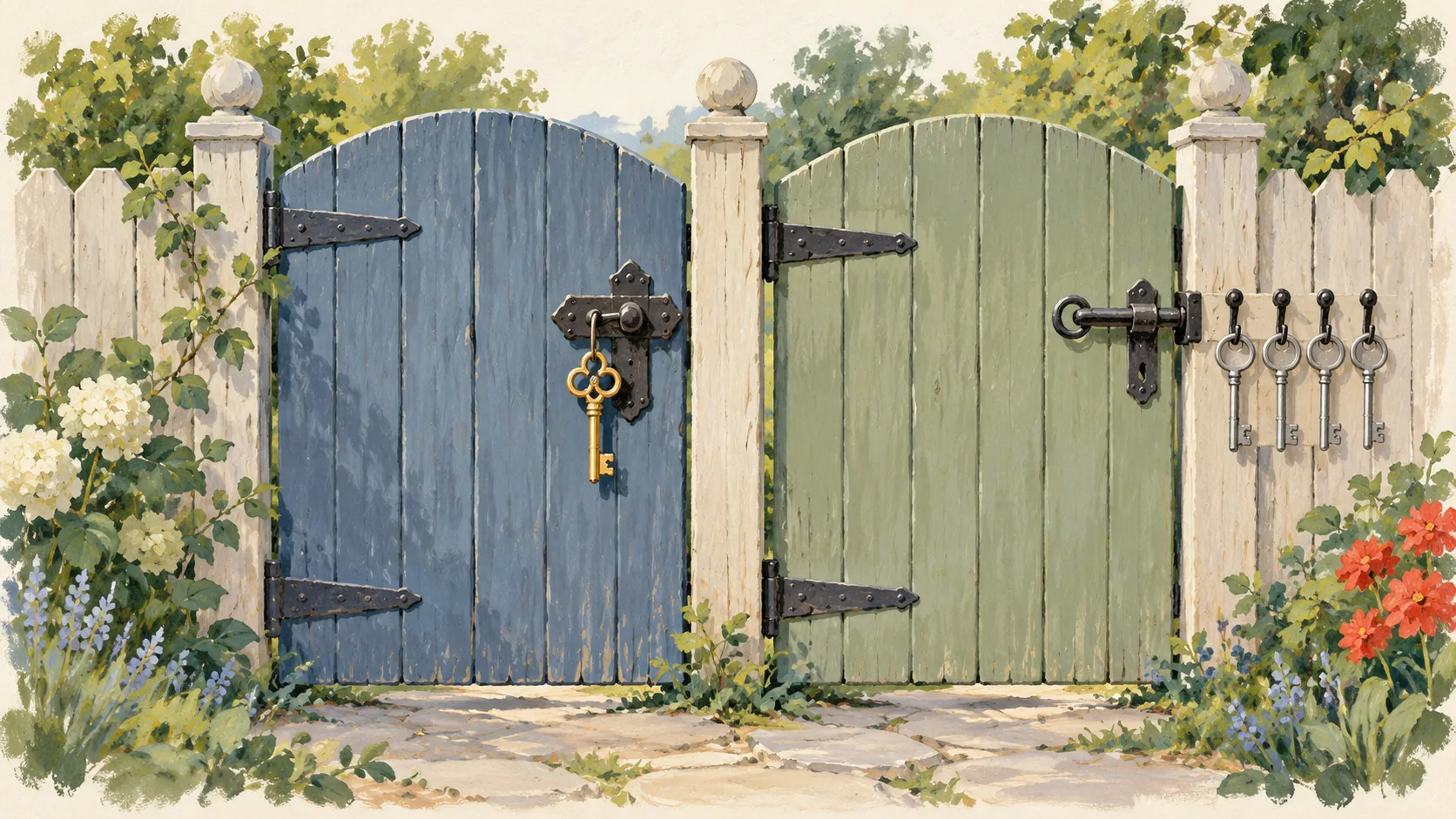 One locked garden gate beside another gate with several keys