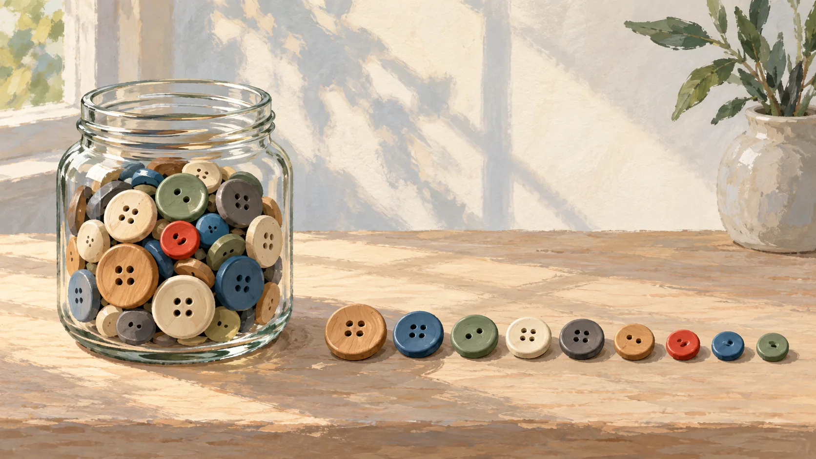 Buttons grouped in a jar beside buttons arranged in an ordered row