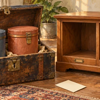 Two archived file canisters beside empty slots in a new cabinet