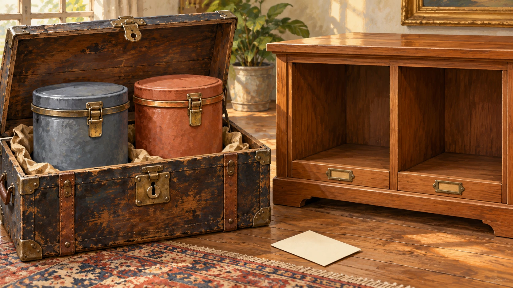 Two archived file canisters beside empty slots in a new cabinet
