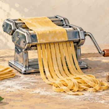 A hand-cranked pasta roller turns one sheet into repeatable strips