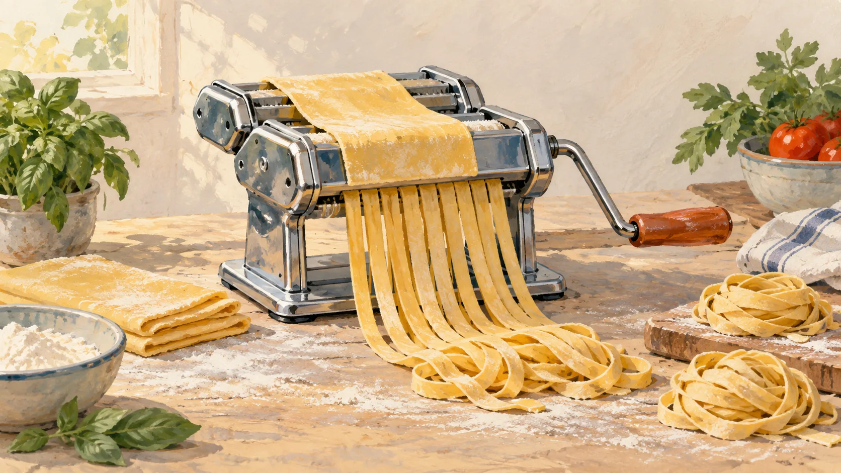 A hand-cranked pasta roller turns one sheet into repeatable strips