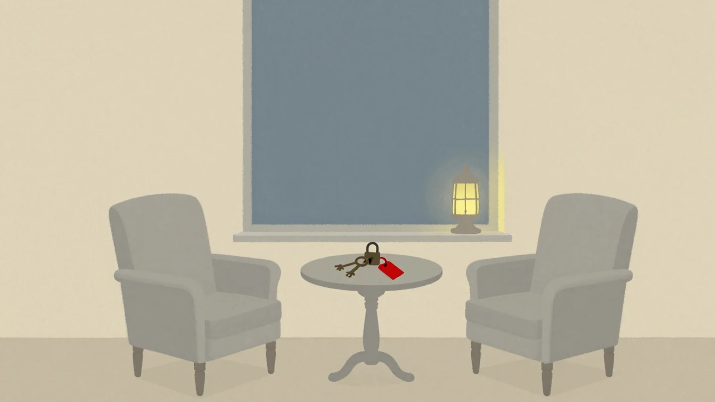Gouache painting: two armchairs facing each other by a tall window, a small round table between them holding a ring of old keys and a closed padlock; one key tag is vermilion