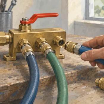 A shared air manifold accepts an additional hose while a separate capped coupling stays isolated