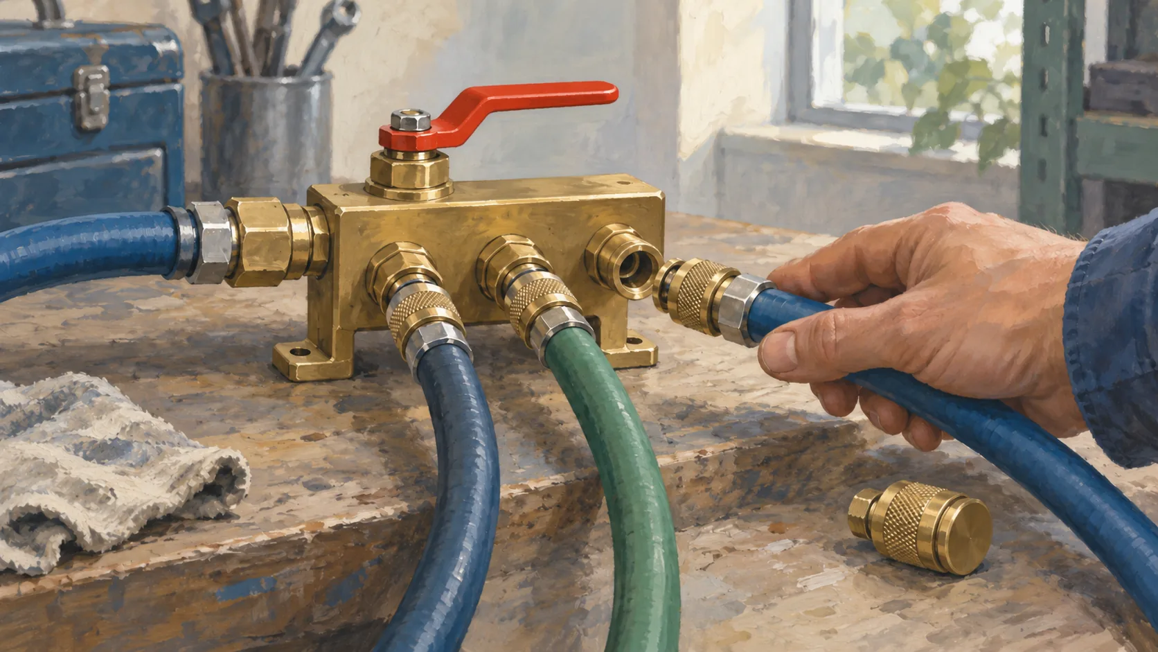 A shared air manifold accepts an additional hose while a separate capped coupling stays isolated