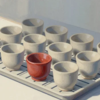 Gouache painting: a tray of freshly glazed clay cups waiting on a drying rack beside a kiln, one cup with a vermilion glaze, the rest unglazed
